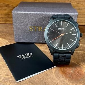 Strada Men's Quartz Watch Black Case Black Silicone Band New In Box